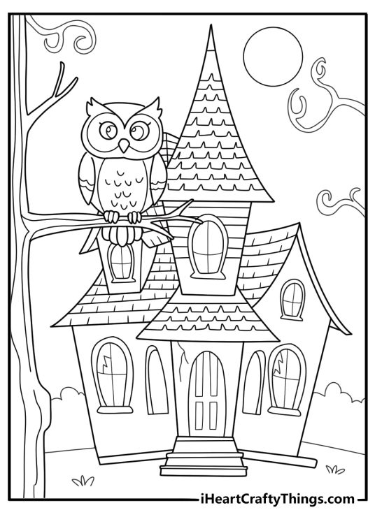 haunted house in the forest with owls sitting on branches coloring sheet