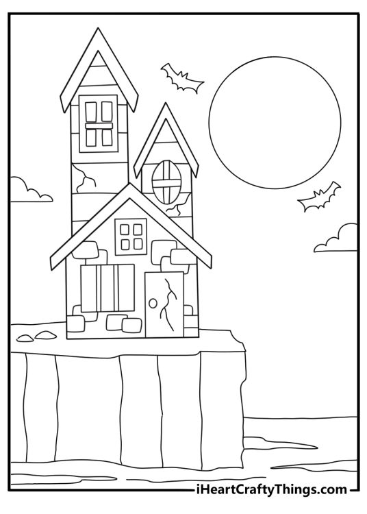 haunted house on a cliff above the ocean coloring page