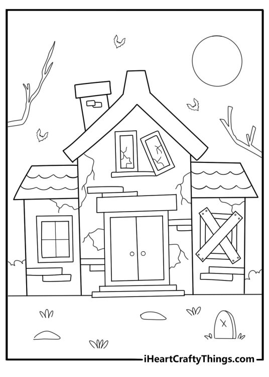 haunted house with broken windows and cracked walls simple coloring page