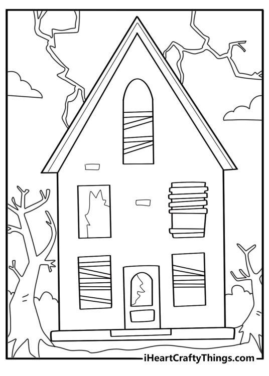 haunted house with lightning striking in the sky coloring page