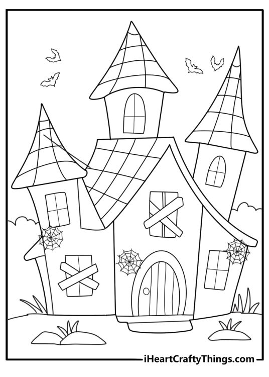 haunted house with spider webs across the doorway coloring page