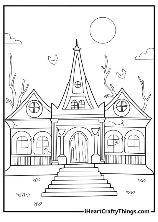 haunted house with staircase leading to the front door coloring page