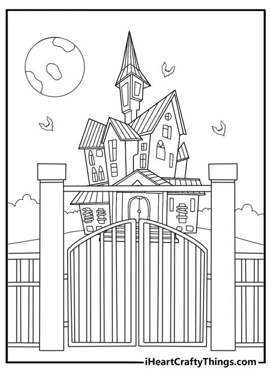 haunted house with tall iron gates printable coloring sheet