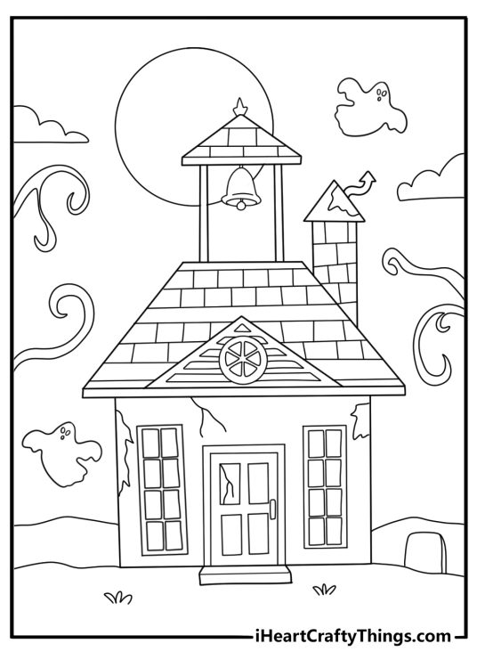 haunted house with tower bells ringing eerie sound coloring sheet