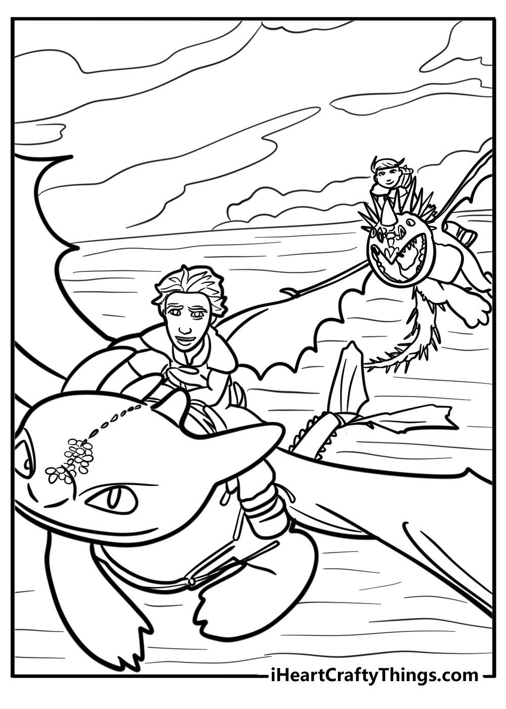 Hiccup and astrid with their dragons printable coloring page