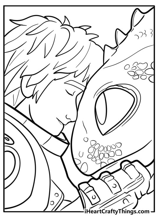 Free detailed printable portrait of Hiccup and Toothless touching with foreheads