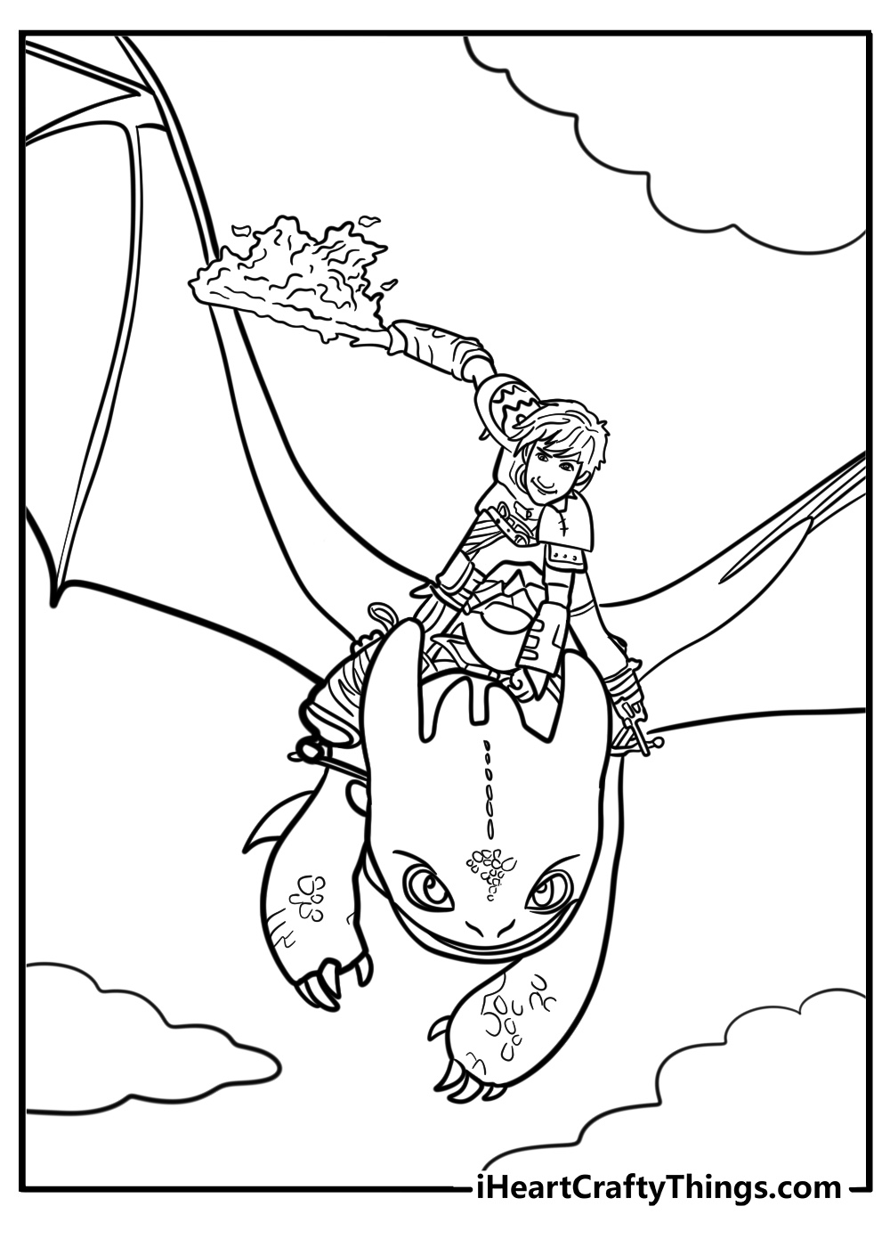 Hiccup riding toothless through the clouds free printable sheet