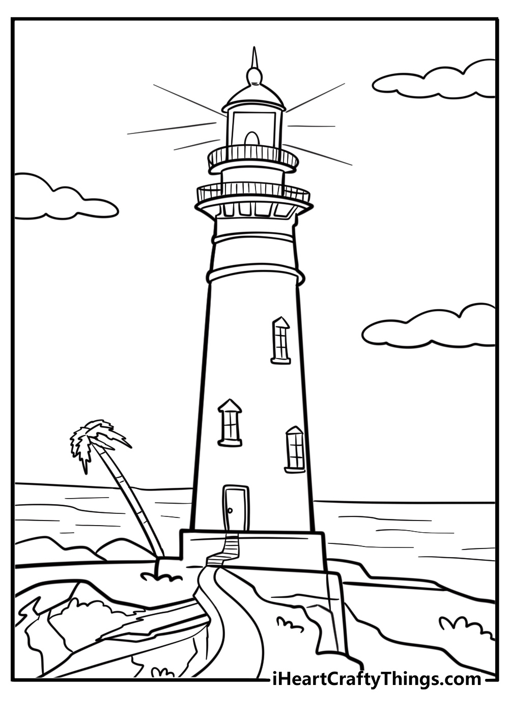 Island lighthouse with a winding path and palm trees coloring page