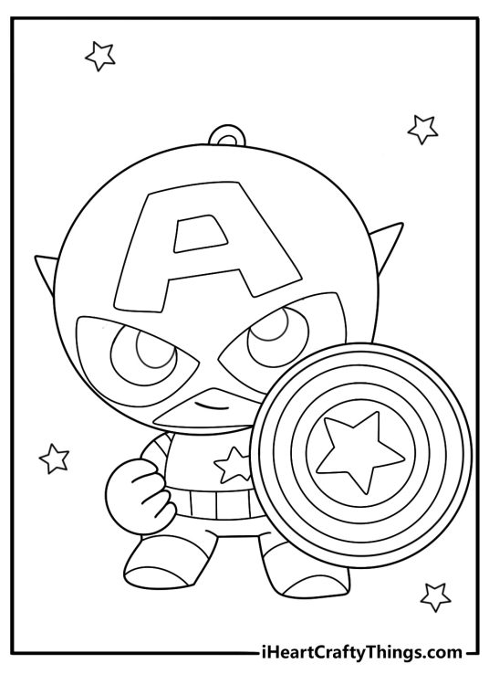 kawaii captain america coloring page chibi hero holding round shield for kids pdf