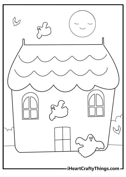 kawaii haunted house with cute ghosts fun coloring sheet
