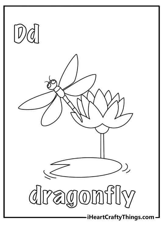kawaii letter d printable dragonfly over lily pond