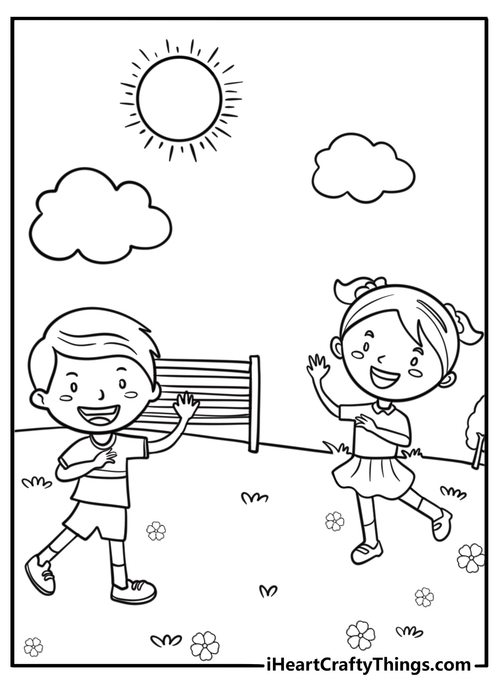 Kids playing outside in sunny weather May coloring page