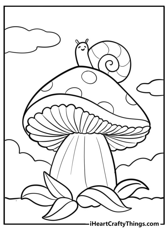Printable image for pre-schoolers depicting large mushroom with a snail on top surrounded by greenery and clouds