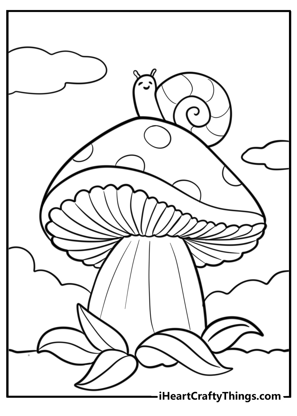 Large mushroom with a snail on top detailed coloring sheet