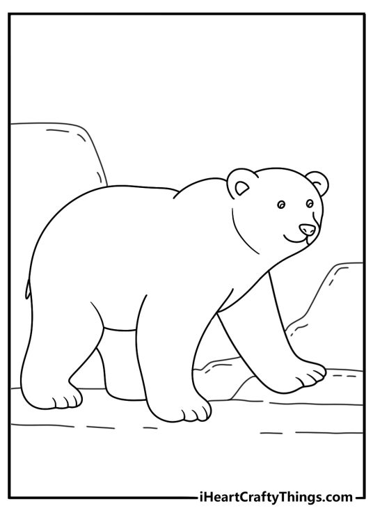 large polar bear climbs a steep ice ledge in this detailed coloring sheet