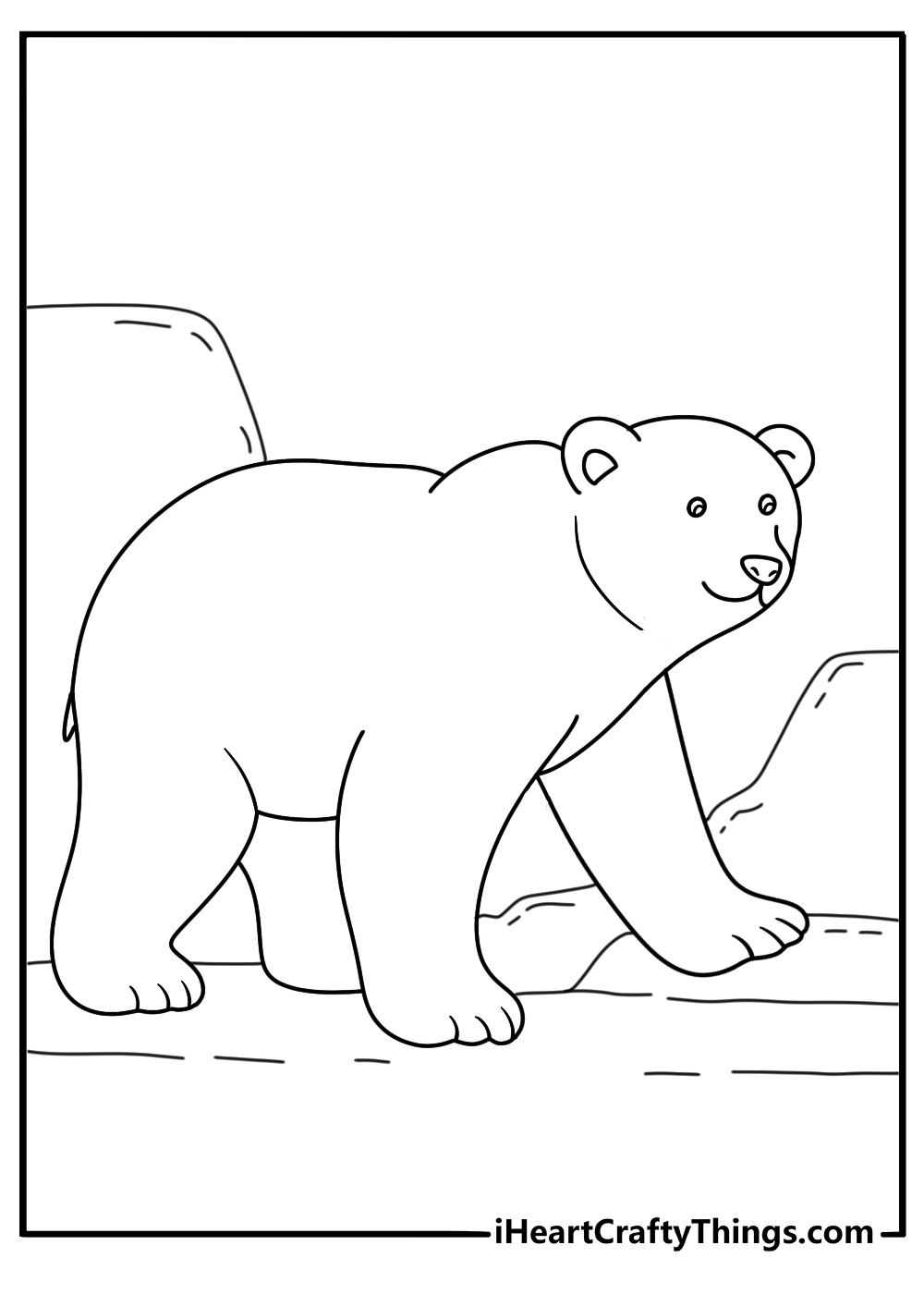 large polar bear climbs a steep ice ledge in this detailed coloring sheet