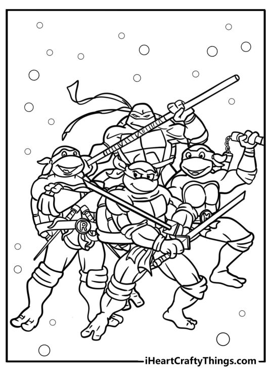 Detailed printable poster presenting the team of Ninja Turtles with Leonardo leading