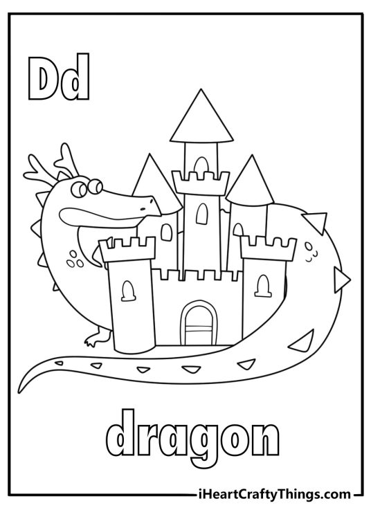letter d coloring page dragon next to castle