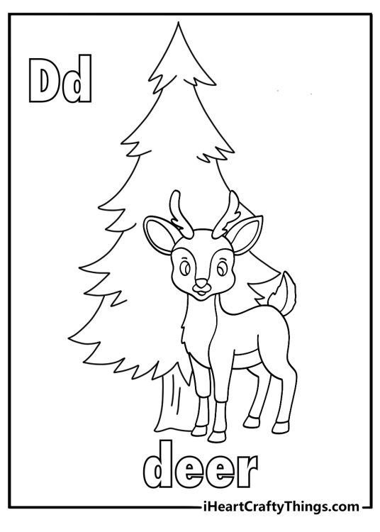letter d coloring sheet deer under pine trees