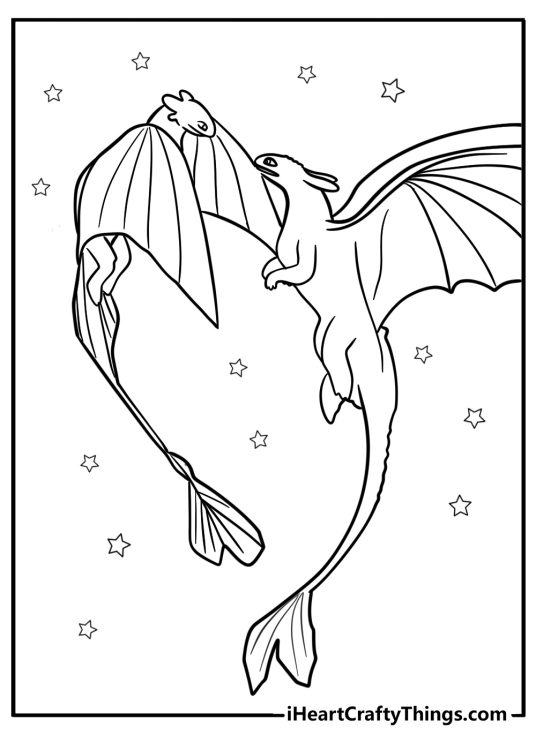 Coloring page featuring Light Fury and Toothless flying side by side with stars in the background