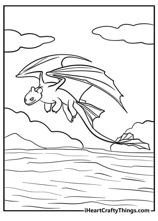 Detailed coloring page of Light Fury flying cver the ocean with clouds in the background