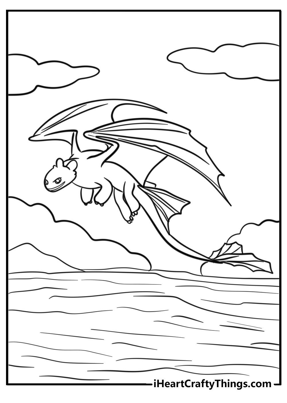 Light fury flying over the ocean printable coloring page