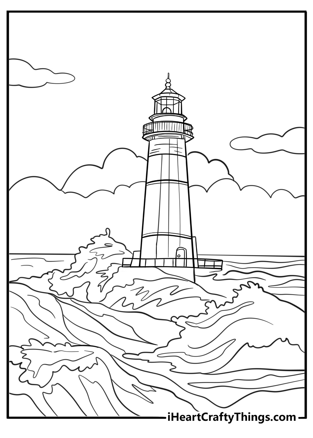 Lighthouse in a stormy sea with strong waves printable coloring page