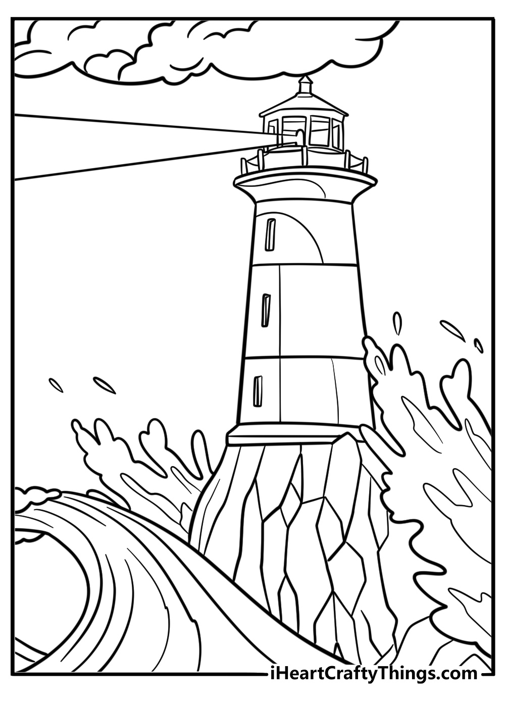 Lighthouse with waves crashing against rocks and a boat coloring sheet