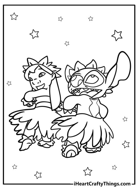 Printable coloring image for kids of a Lilo and Stitch dancing together surrounded by stars