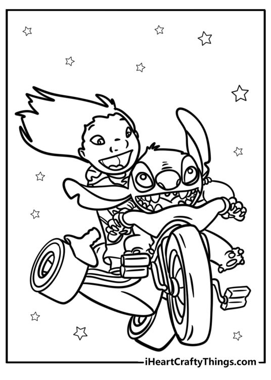 Image of a Lilo and Stitch having fun while riding a motorbike with stars all around them