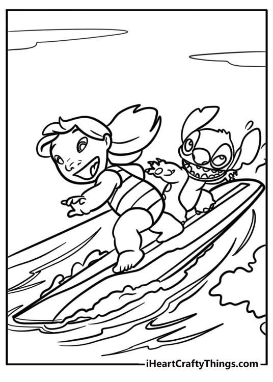 Detailed coloring sheet for pre-schoolers featuring Lilo and Stitch surfing on the sea