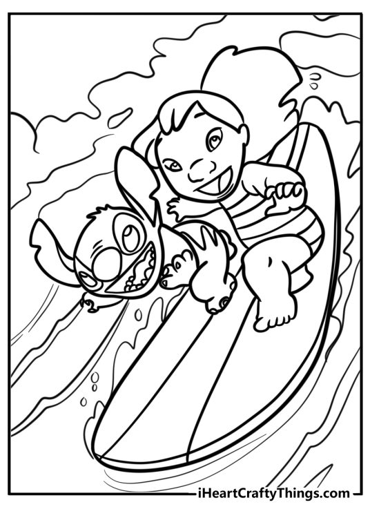 Detailed drawing depicting Lilo and Stitch having fun while on a surf board surrounded by waves