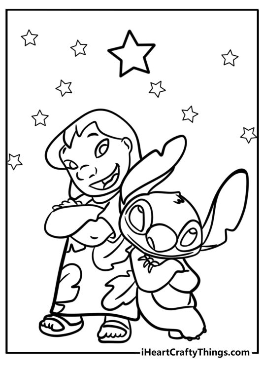 Free coloring page for children featuring Lilo and Stitch posing under the stars