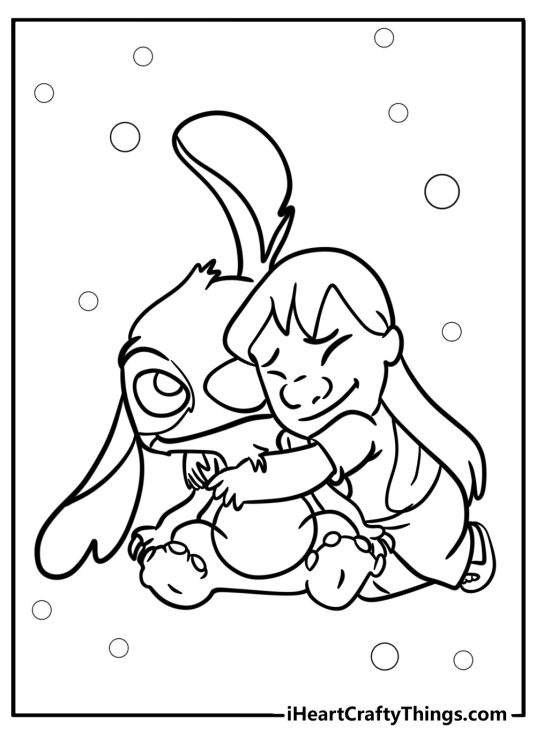 Lilo and Stitch-themed picture showing Lilo hugging Stitch with little circles all around them