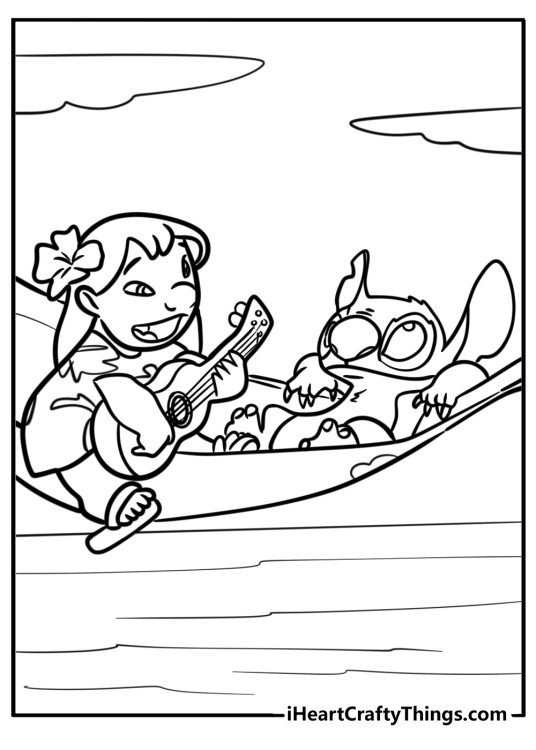 Lilo and Stitch-themed page featuring Lilo playing guitar and Stitch listening to it while in a hammock