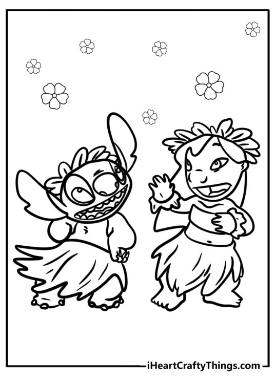 Coloring picture presenting Lilo and Stitch dancing together in their Hawaiian outfits
