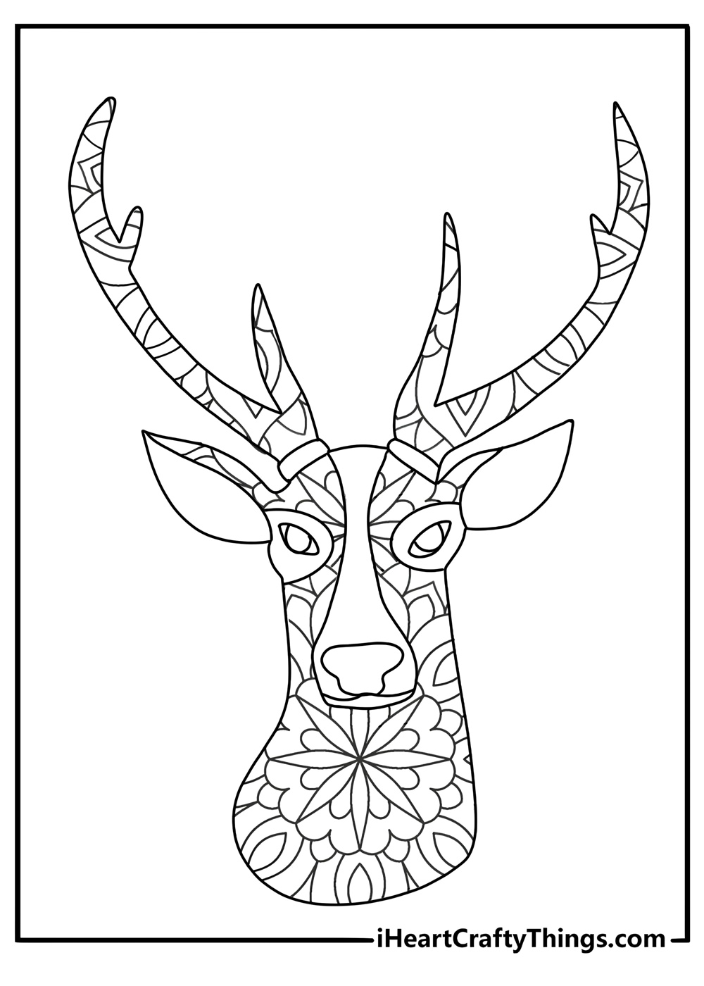mandala style deer head with decorative antlers detailed coloring sheet