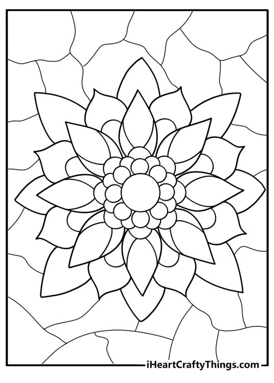 mandala style stained glass with circles and petals coloring page for adults