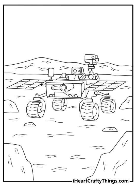 mars coloring sheet with a rover driving across rocky ground