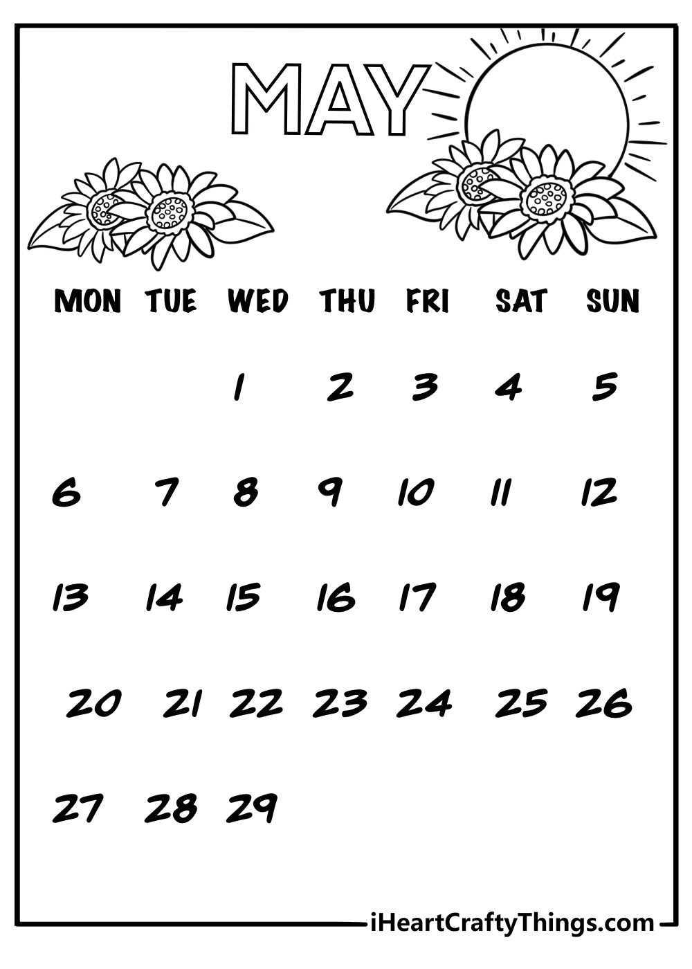 May calendar with flowers and sunshine coloring sheet