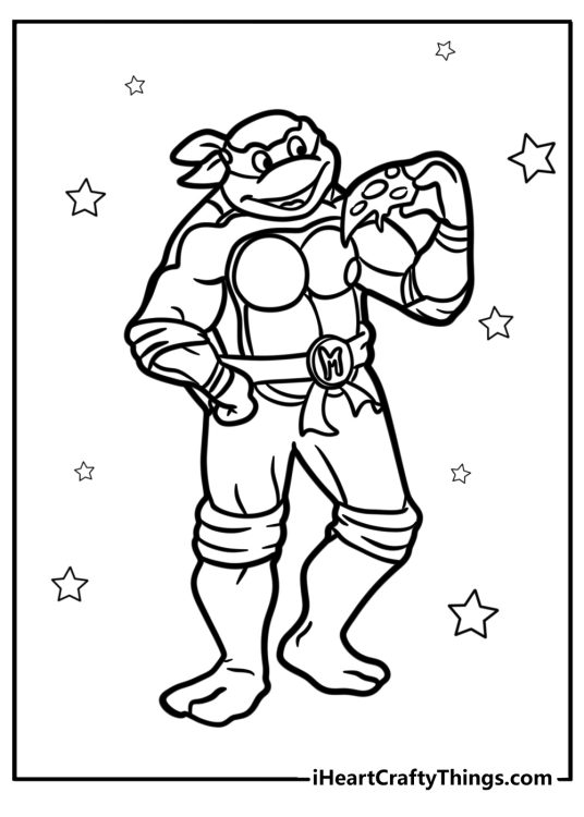 Ninja Turtles printable coloring page depicting Michelangelo eating pizza with stars all around him