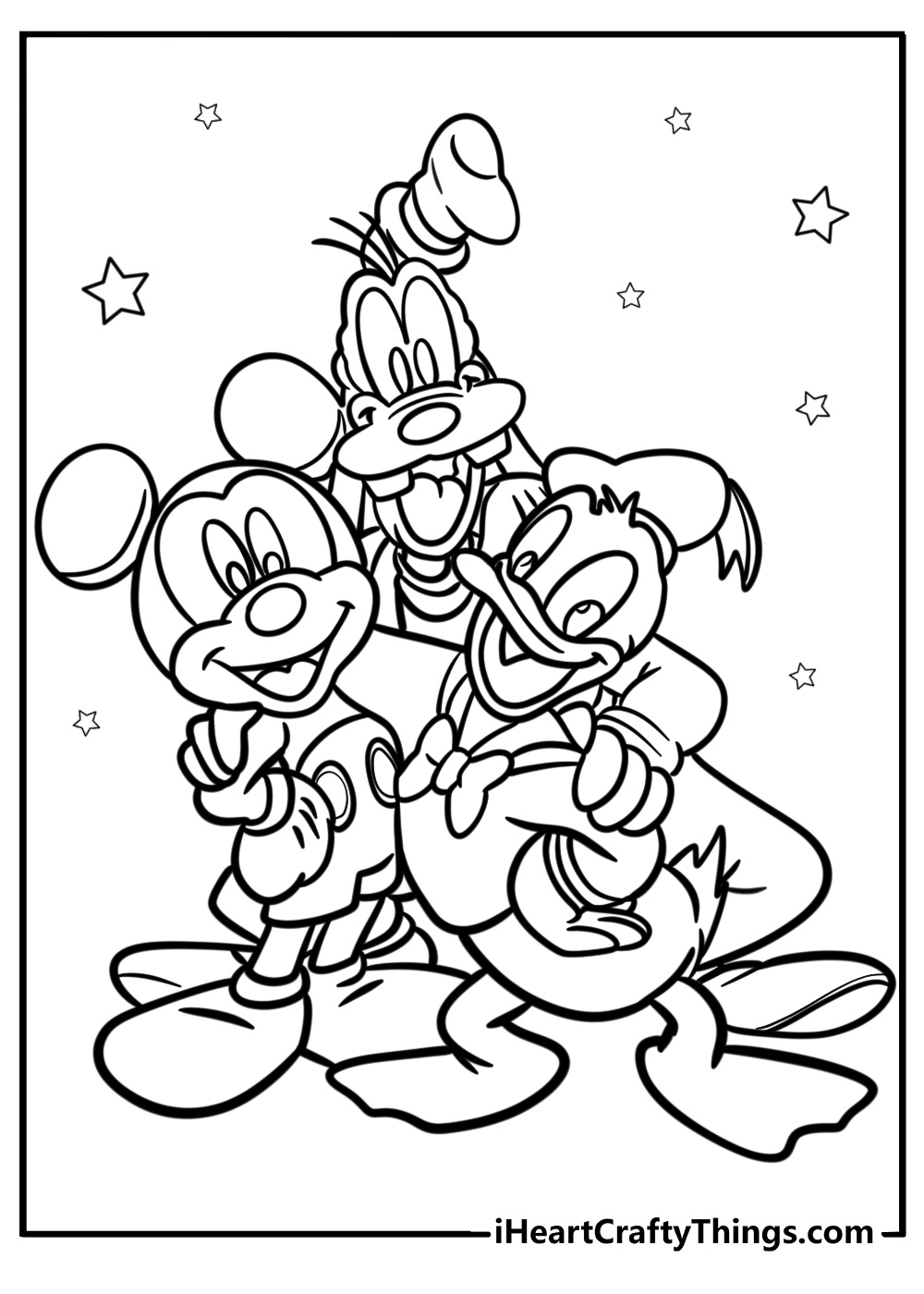 Printable sheet featuring happy friends: Mickey Mouse hugging Donald Duck and Goofy behind them in the centre