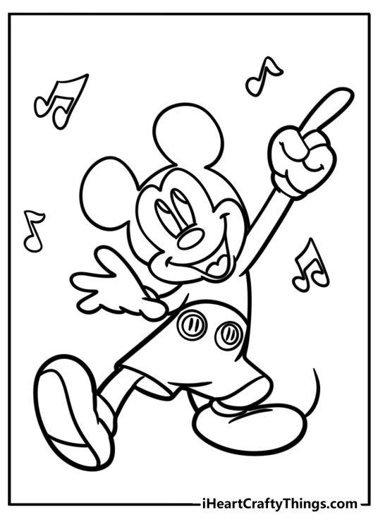 Detailed coloring sheet for kids of a Mickey Mouse dancing happily with musical notes in the background