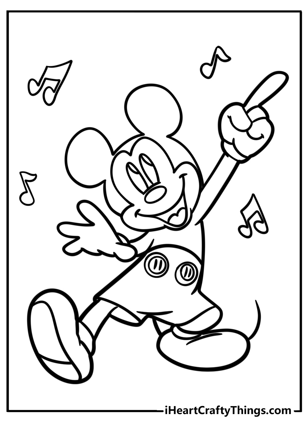 Detailed coloring sheet for kids of a Mickey Mouse dancing happily with musical notes in the background