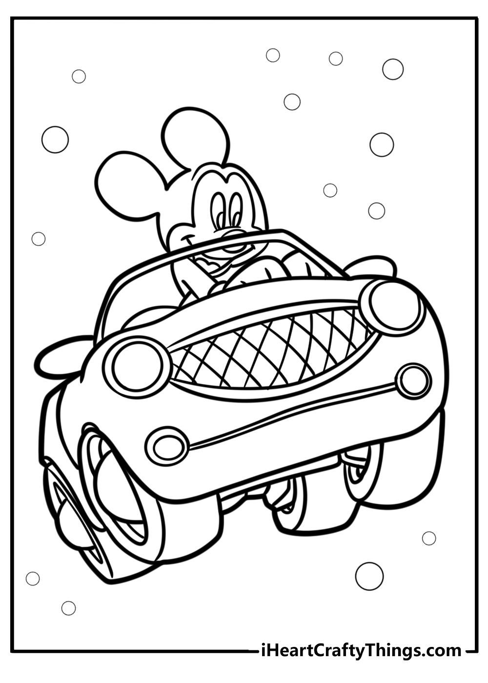 Mickey mouse driving a car printable coloring sheet