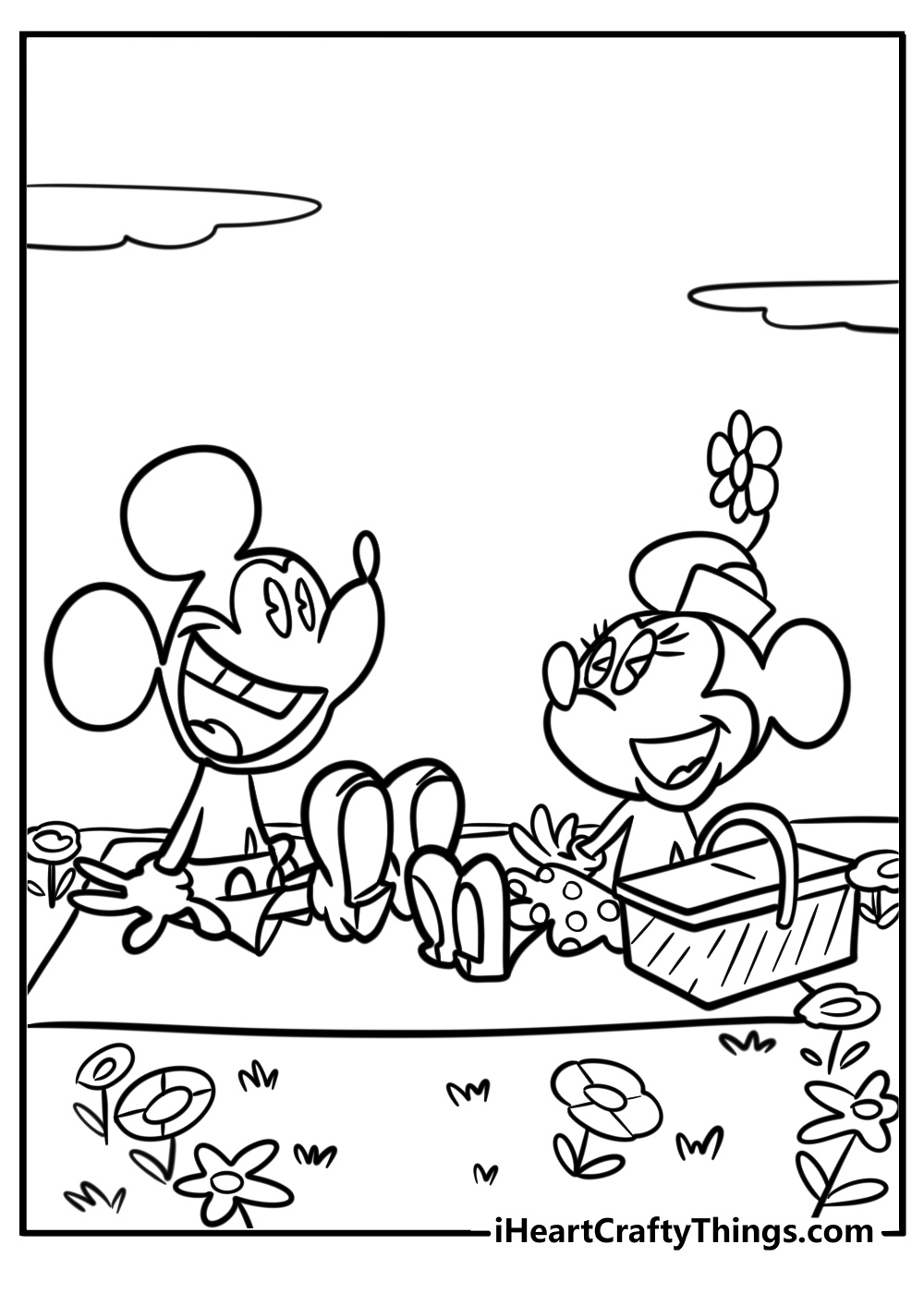 Printable picture to color of a happy Mickey Mouse enjoying a picnic in a field with an elegant Minnie