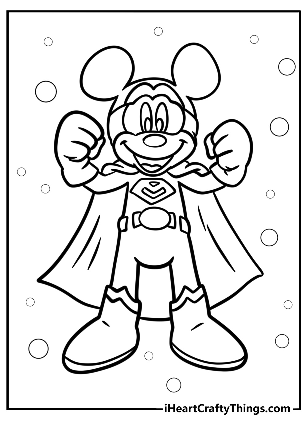 Printable pdf of a Mickey Mouse in a superhero pose and clothing with bubbles in the background