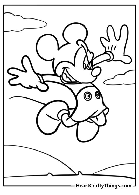 Free printable featuring Mickey Mouse jumping in the air with greenery and clouds in the background