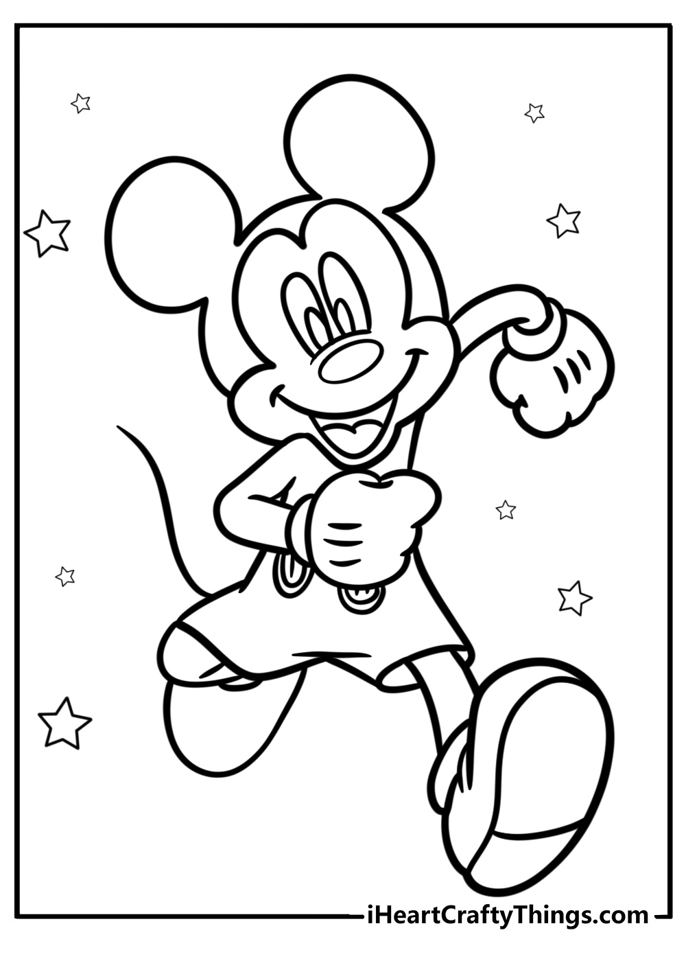 Cheerful running Mickey Mouse wearing his classic outfit free printable coloring sheet for kids