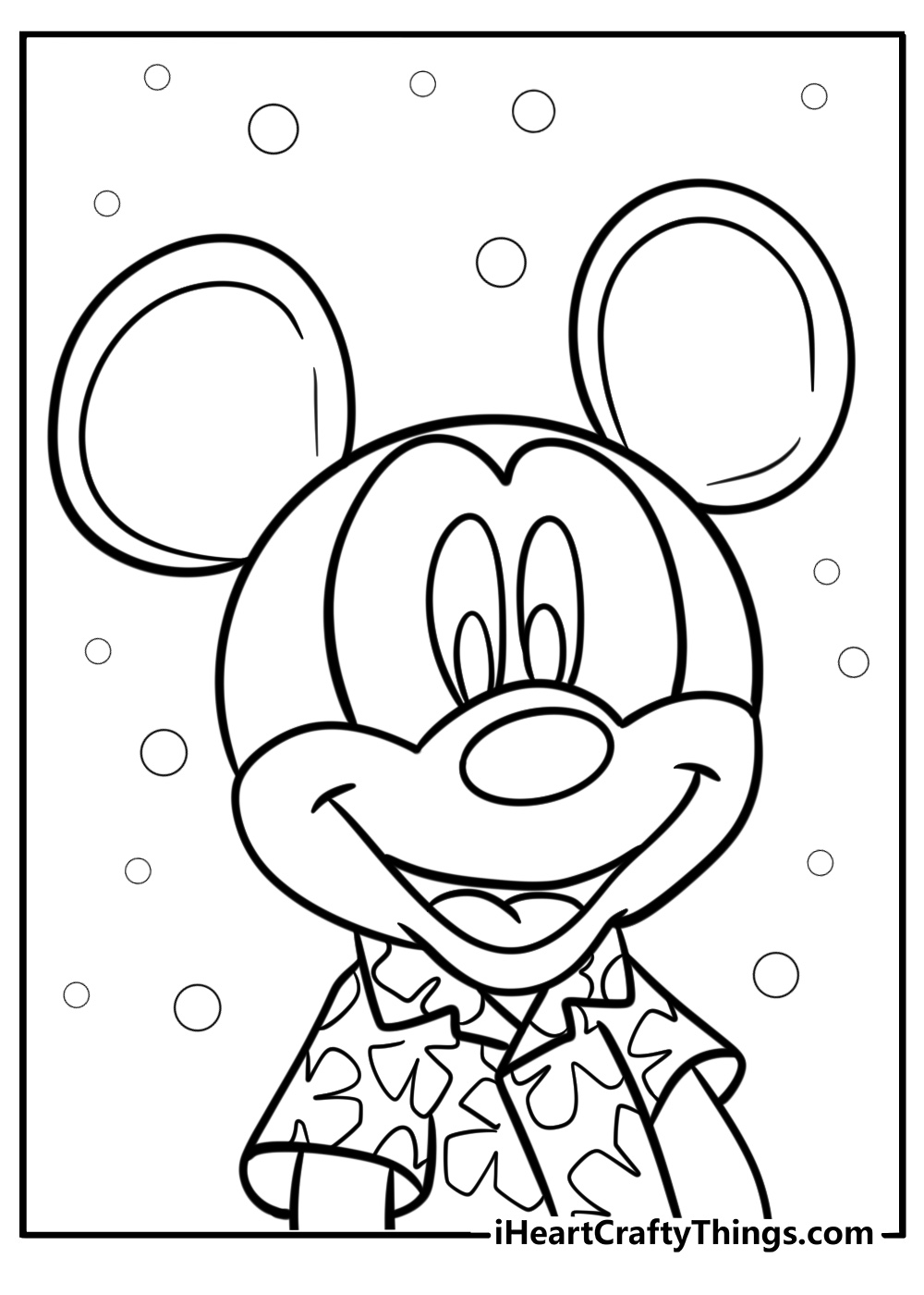 Free printable portrait of a happy Mickey Mouse wearing short-sleeved shirt with bubbles in the background